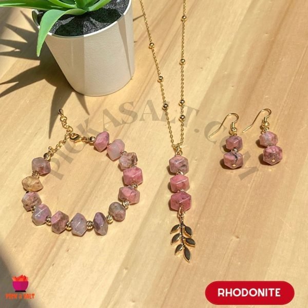 Natural Stone Rhodonite Set ( Earrings, Necklace and Bracelet)