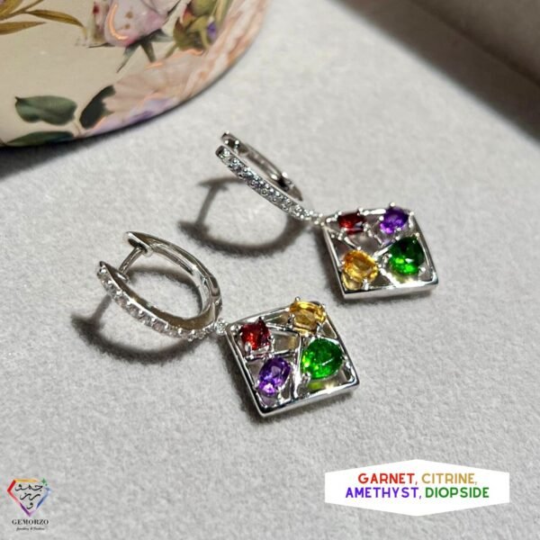 Faceted Garnet, Citrine, Diopside and Amethyst Natural Stone Earrings  - Silver 925
