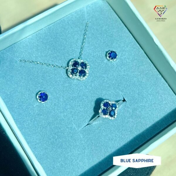 Top Grade Blue Sapphire Natural Stone Clover Style Set - Silver 925