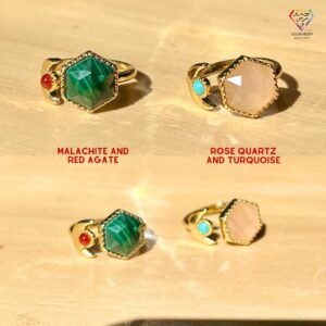 Moon and Hexagon Natural Stone Ring - Gold Plated - Rose Quartz