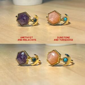 Moon and Hexagon Natural Stone Ring - Gold Plated - Amethyst