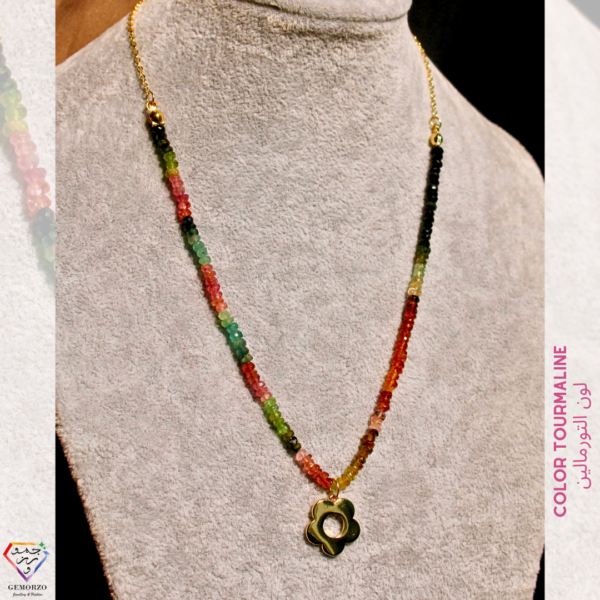 Gradient Color Tourmaline 2.5-3.5mm Faceted Rondelle Natural Stone Choker Necklace with Gold Plated Charm