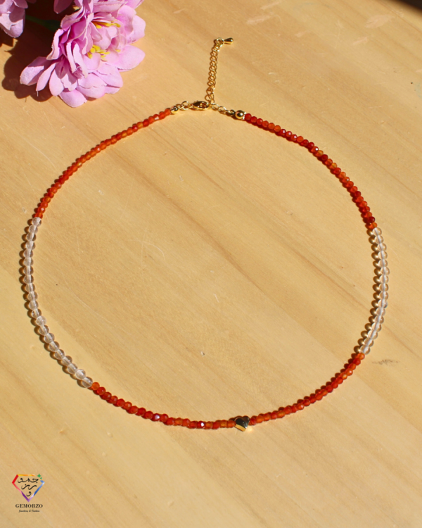 Carnelian and Clear Quartz Natural Stone Choker Necklace with Gold Plated Heart Charm