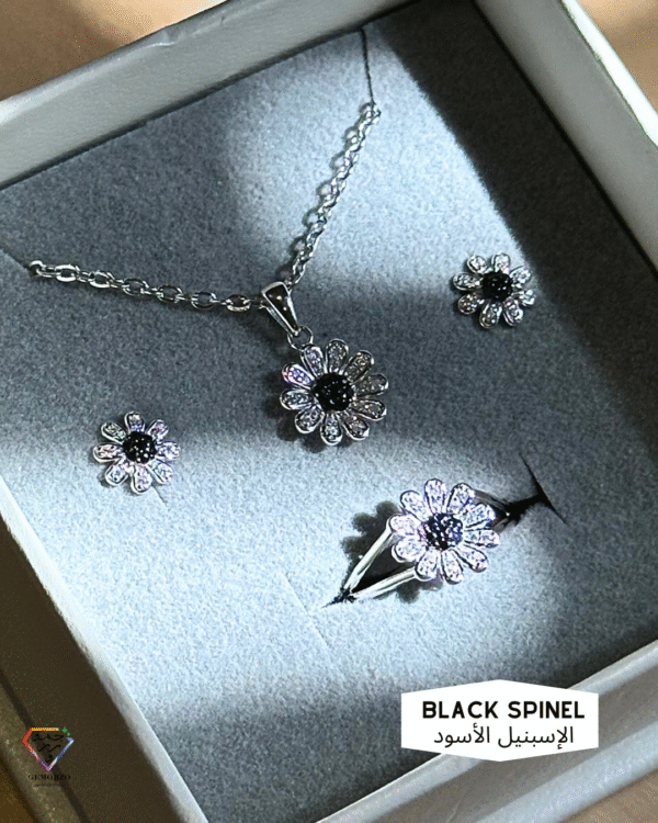 Black Spinel Natural Stone Flower Shaped Cute Set - Silver 925