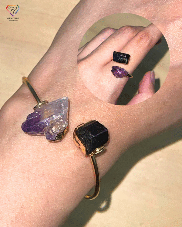 Raw Amethyst and Black Tourmaline Bracelet and Ring - Gold Plated -  Adjustable Size