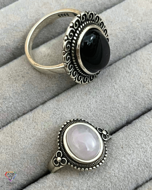 Vintage Style Black Agate and Rose Quartz Natural Stone Ring - SILVER 925
