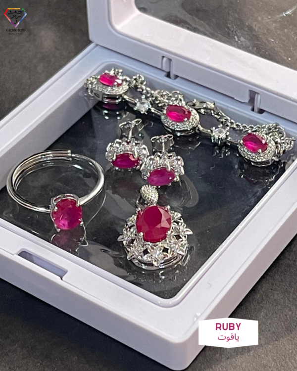4-Piece Set of Natural Ruby Stone Pendant, Earrings, Bracelet, Ring