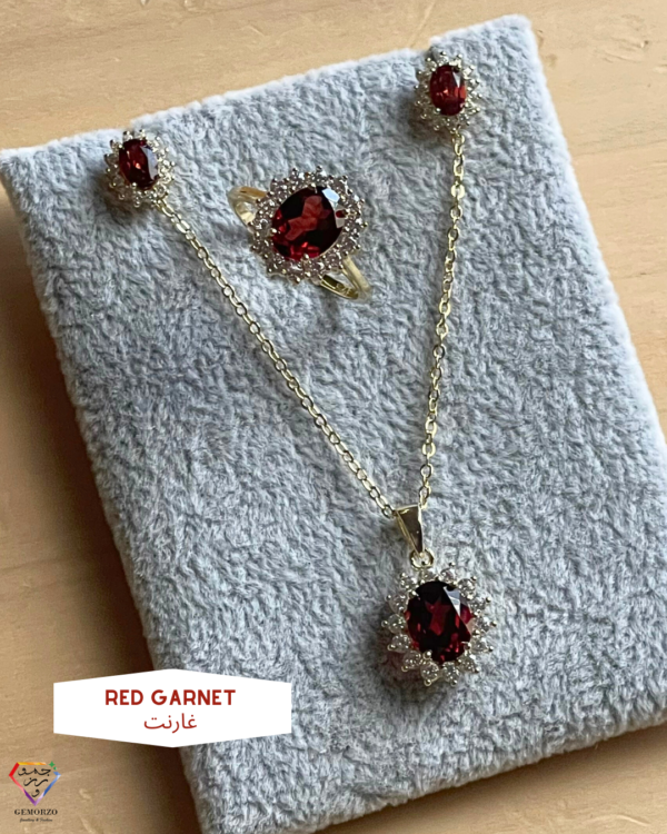 Luxury Diana-Cut Inspired Red Garnet Natural Stone Set of Earrings, Pendant and Ring - Silver925 or Gold Plated