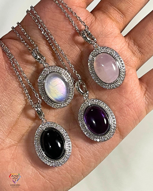 Oval Natural Stone with Zircons Pendants - Silver925